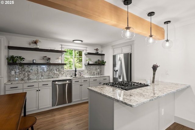 22692 SW Highland Dr, Sherwood, OR 97140 - kitchen with appliances with stainless steel finishes, open shelves, a peninsula, dark wood-style floors, and backsplash
