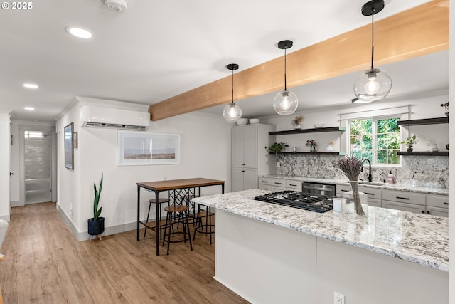 22692 SW Highland Dr, Sherwood, OR 97140 - kitchen featuring open shelves, a wall mounted AC, a sink, stainless steel dishwasher, and recessed lighting
