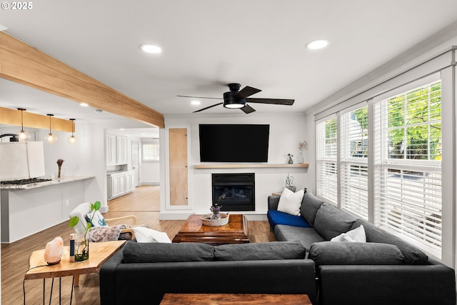 22692 SW Highland Dr, Sherwood, OR 97140 - living area featuring light wood-style floors, a ceiling fan, recessed lighting, and a glass covered fireplace