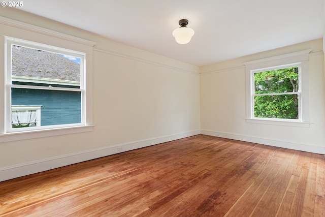 spare room with baseboards, a wealth of natural light, and wood finished floors