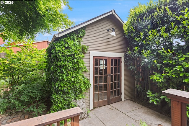 view of outdoor structure with french doors
