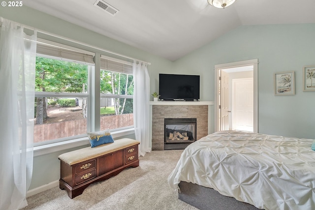 11433 SE Bethany Dr, Happy Valley, OR 97086 - carpeted bedroom featuring lofted ceiling and a tile fireplace
