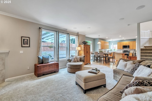 11433 SE Bethany Dr, Happy Valley, OR 97086 - living room with stairs, plenty of natural light, crown molding, recessed lighting, and light colored carpet