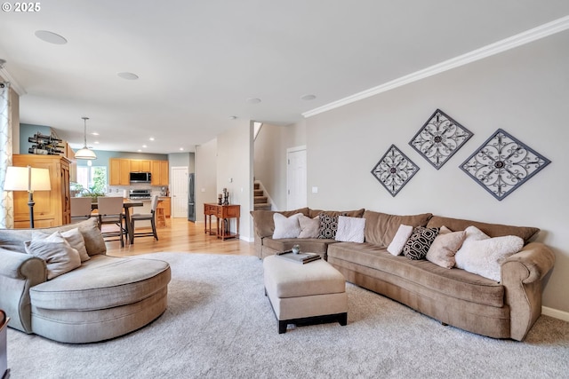 11433 SE Bethany Dr, Happy Valley, OR 97086 - living room featuring stairs, ornamental molding, and recessed lighting