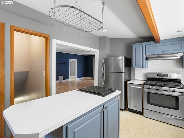 6310 SW 35th Ave, Portland, OR 97221 - kitchen with appliances with stainless steel finishes, under cabinet range hood, backsplash, light countertops, and a center island