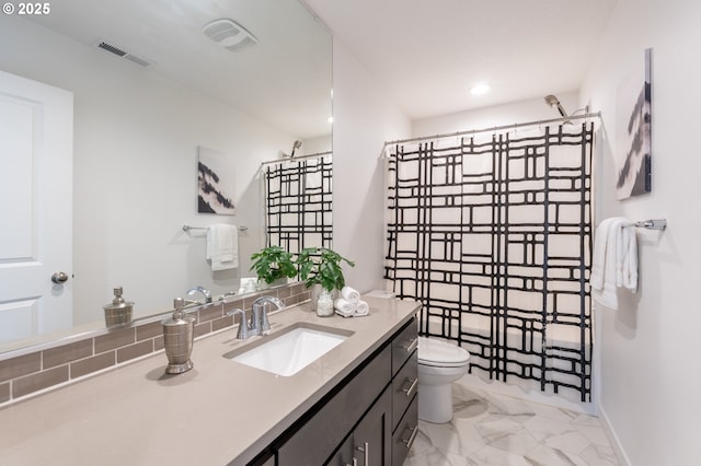 full bathroom with curtained shower, toilet, vanity, visible vents, and marble finish floor