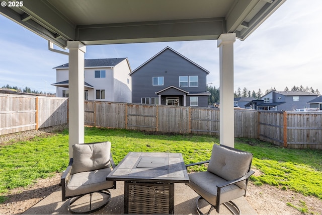 view of patio / terrace featuring a fenced backyard and a residential view