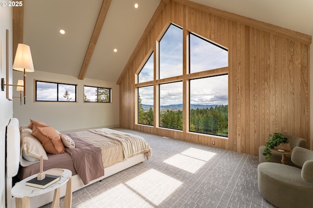 11625 NE Hoskins Hill Rd, Newberg, OR 97132 - bedroom with wood walls, carpet floors, beam ceiling, recessed lighting, and high vaulted ceiling