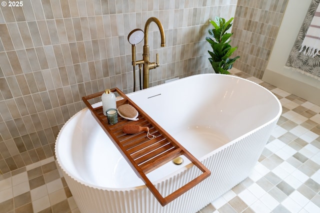 11625 NE Hoskins Hill Rd, Newberg, OR 97132 - bathroom featuring tile walls, a soaking tub, and tile patterned floors