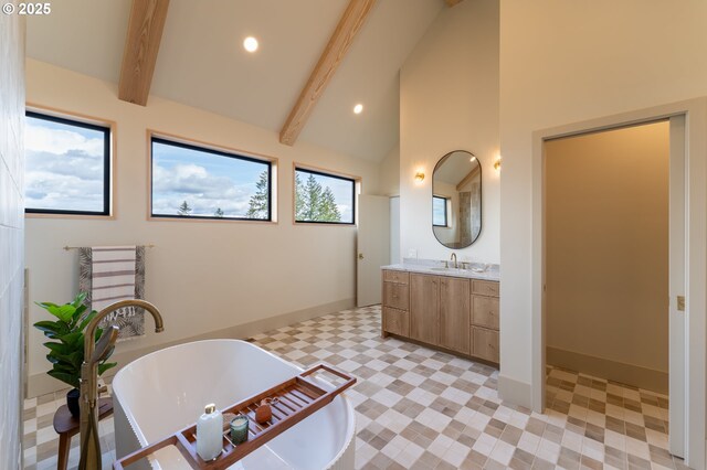 11625 NE Hoskins Hill Rd, Newberg, OR 97132 - full bathroom with a freestanding bath, vanity, beamed ceiling, tile patterned floors, and recessed lighting