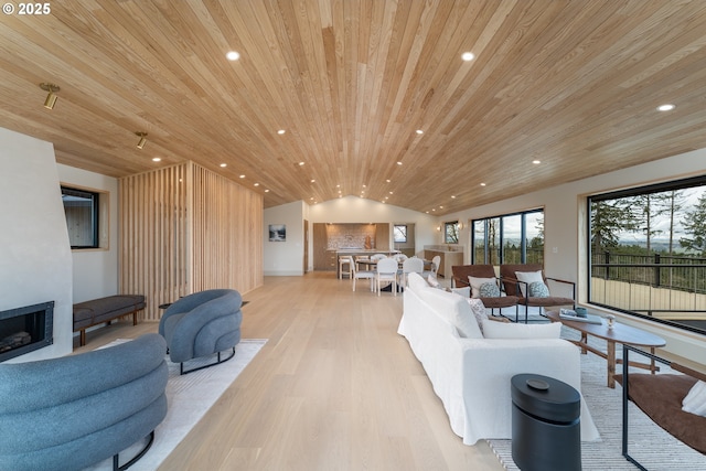 11625 NE Hoskins Hill Rd, Newberg, OR 97132 - living room featuring wooden ceiling, vaulted ceiling, light wood-style floors, and recessed lighting