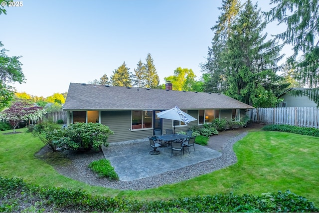 3727 NW Arrowood Cir, Corvallis, OR 97330 - rear view of house with a patio, roof with shingles, and a chimney