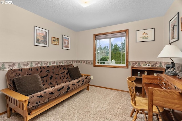 interior space with a textured ceiling, baseboards, and carpet floors