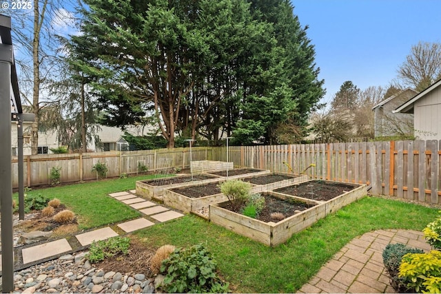 view of yard featuring a garden and a fenced backyard