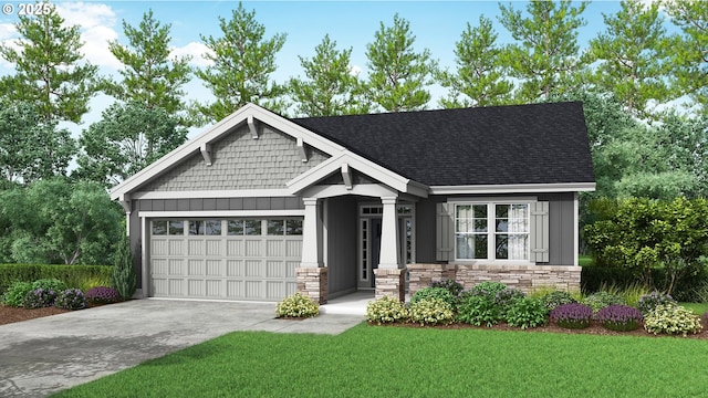 craftsman inspired home featuring stone siding, board and batten siding, concrete driveway, a front yard, and a garage