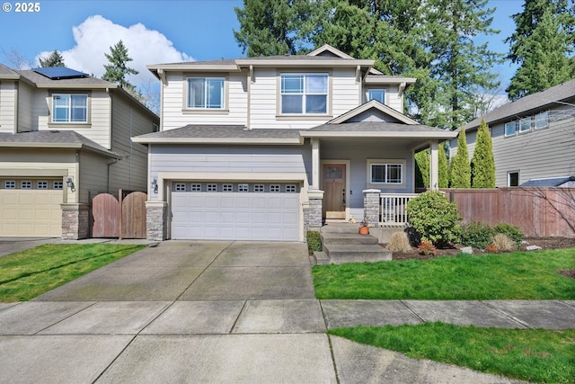 craftsman-style house with driveway, a garage, a shingled roof, covered porch, and fence