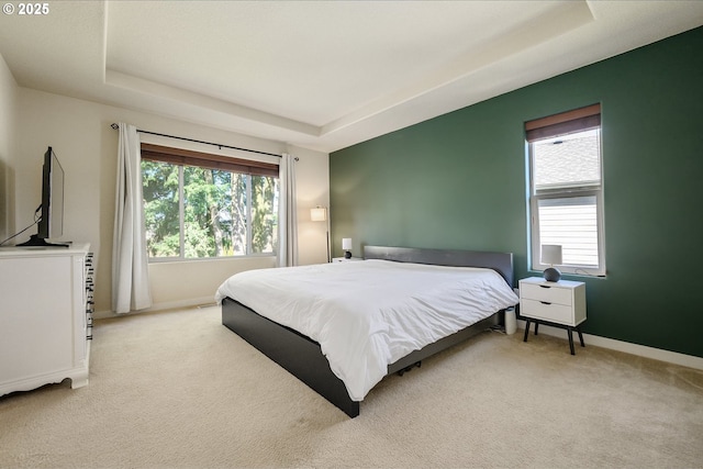 bedroom featuring carpet floors, multiple windows, and a raised ceiling