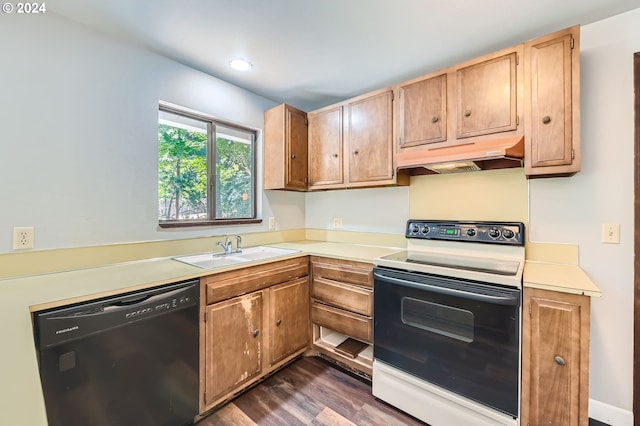 kitchen with a sink, light countertops, black dishwasher, under cabinet range hood, and white electric stove