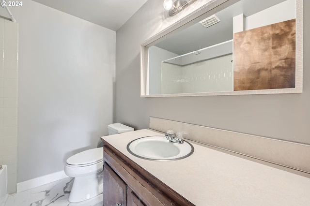 full bath with visible vents, vanity, marble finish floor, toilet, and baseboards