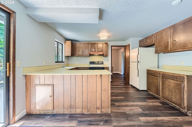kitchen with freestanding refrigerator, a peninsula, plenty of natural light, electric range oven, and under cabinet range hood