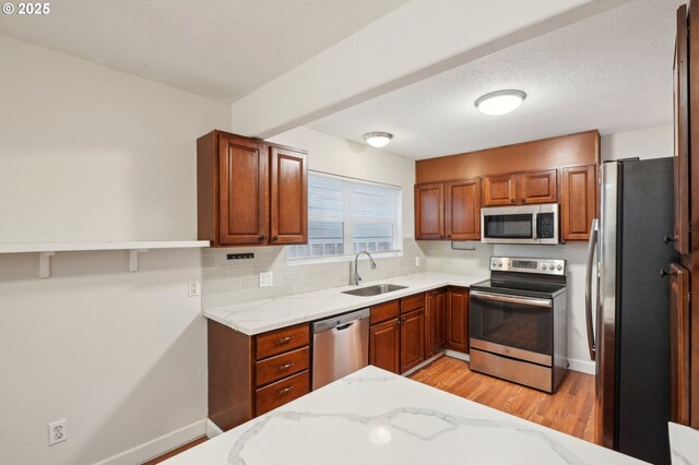 6536 SE Flavel St, Portland, OR 97206 - kitchen with stainless steel appliances, open shelves, a peninsula, backsplash, and brown cabinets