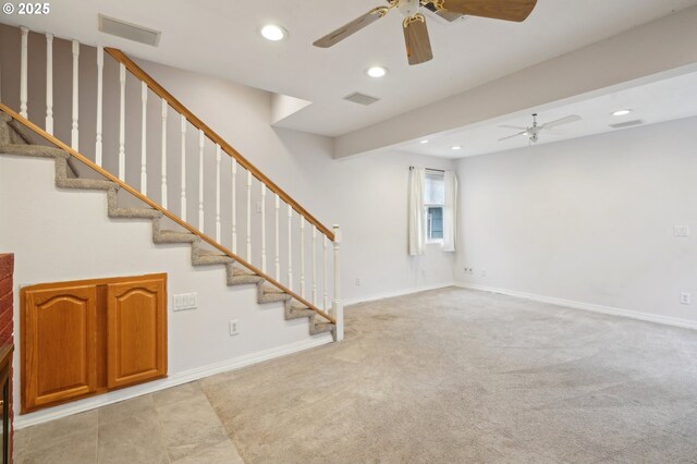6536 SE Flavel St, Portland, OR 97206 - unfurnished living room with recessed lighting, stairway, light carpet, ceiling fan, and a fireplace
