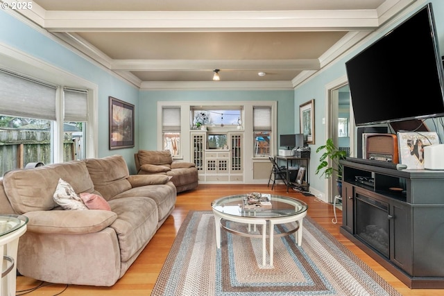 living room featuring light hardwood / wood-style flooring, crown molding, and beam ceiling