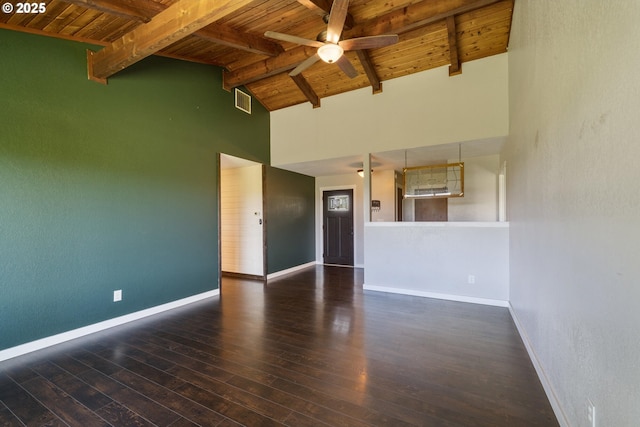 1770 Mccormick Loop Rd, Tillamook, OR 97141 - unfurnished living room with wood ceiling with exposed beams, a ceiling fan, baseboards, high vaulted ceiling, and hardwood / wood-style floors