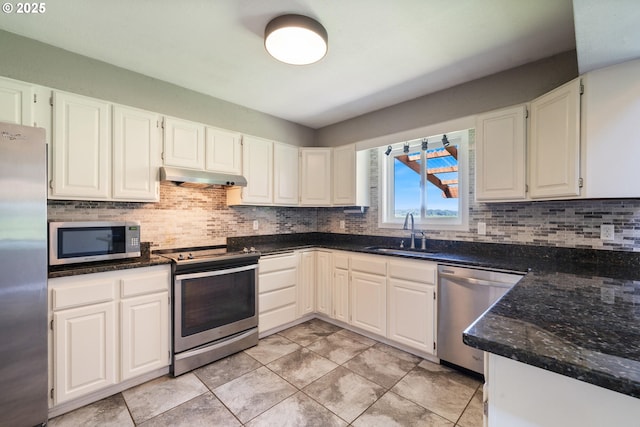 1770 Mccormick Loop Rd, Tillamook, OR 97141 - kitchen featuring stainless steel appliances, under cabinet range hood, a sink, decorative backsplash, and white cabinets