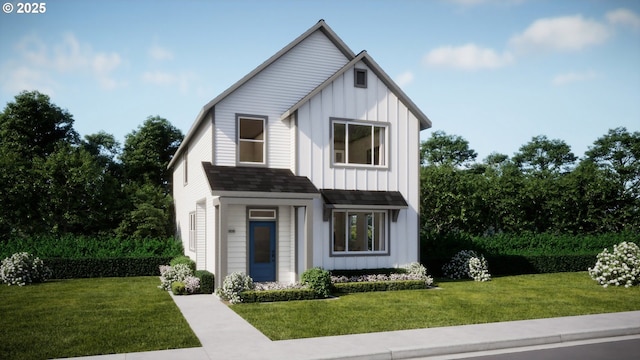 view of front of house with a front yard and board and batten siding