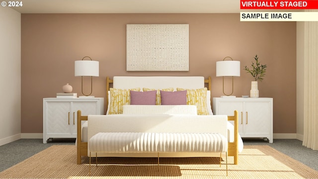 carpeted bedroom featuring baseboards