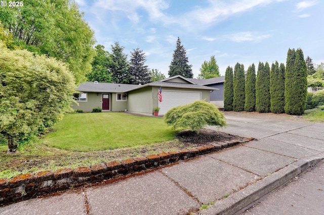 single story home featuring an attached garage, concrete driveway, and a front lawn