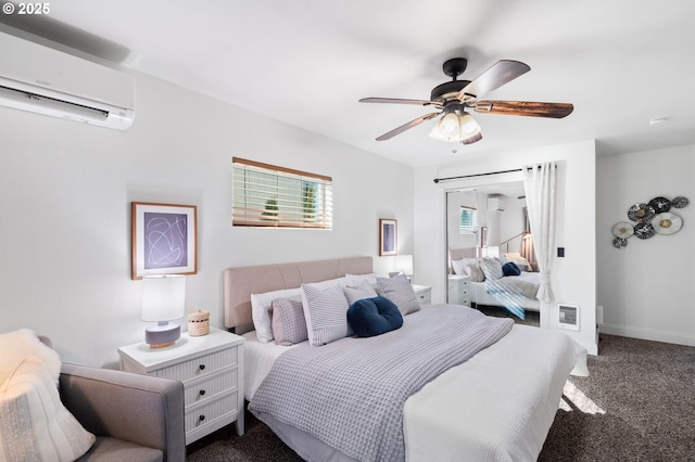 bedroom with ceiling fan, dark carpet, and a wall unit AC