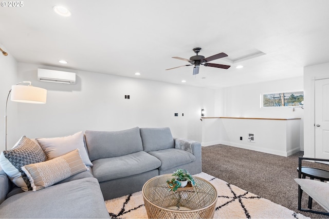 carpeted living room with an AC wall unit and ceiling fan