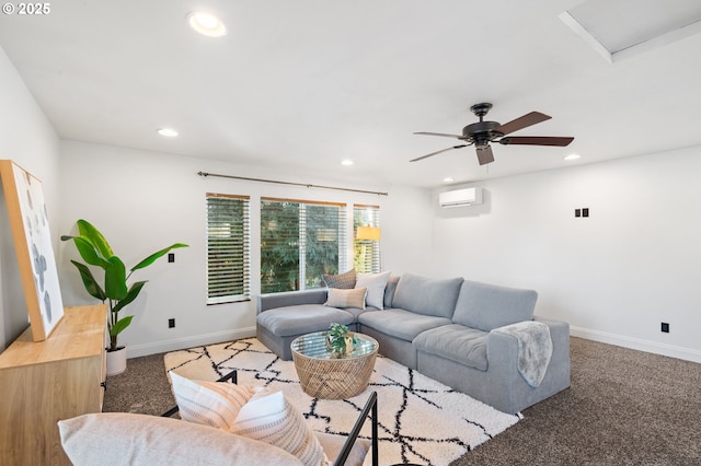 carpeted living room with ceiling fan and a wall mounted air conditioner