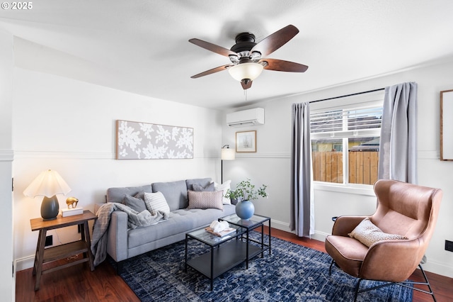 living room featuring ceiling fan, dark wood-type flooring, and a wall mounted AC