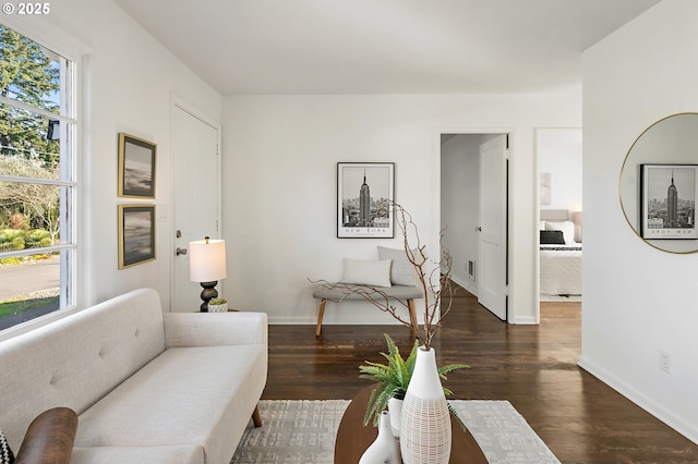 living room with baseboards and wood finished floors