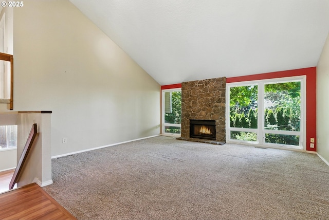 4134 Orchard Way, Lake Oswego, OR 97035 - unfurnished living room with carpet flooring, high vaulted ceiling, and a fireplace