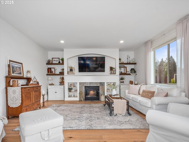 living room with a fireplace and light hardwood / wood-style flooring