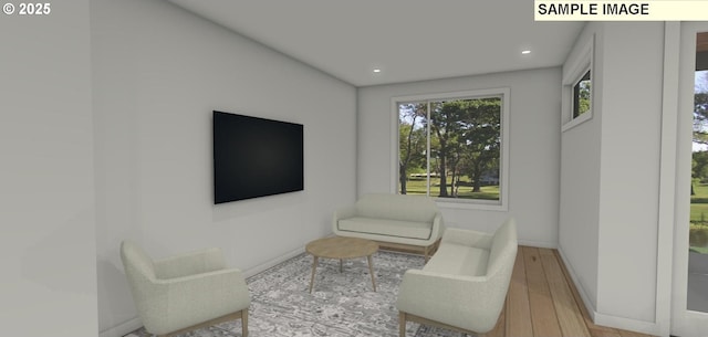 living area with light hardwood / wood-style floors and a wealth of natural light