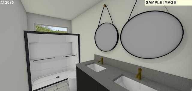 bathroom featuring vanity, toilet, and a shower