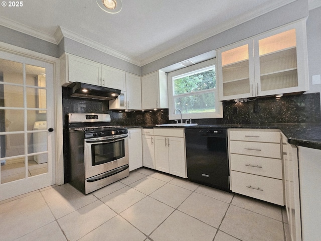 3185 Granada Way, Salem, OR 97302 - kitchen featuring black dishwasher, under cabinet range hood, stainless steel gas range oven, a sink, and light tile patterned floors