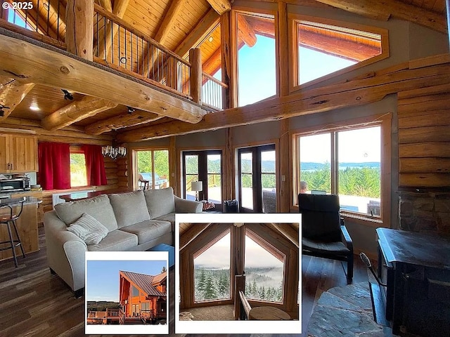 55778 SW Scoggins Valley Rd, Gaston, OR 97119 - living area with dark wood finished floors, french doors, wooden ceiling with exposed beams, a chandelier, and high vaulted ceiling