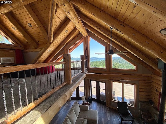 55778 SW Scoggins Valley Rd, Gaston, OR 97119 - living room featuring wooden ceiling, wood-type flooring, log walls, and a ceiling fan