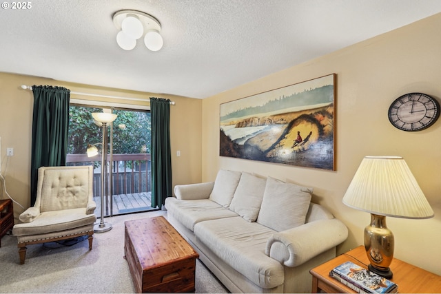 living room with carpet flooring and a textured ceiling