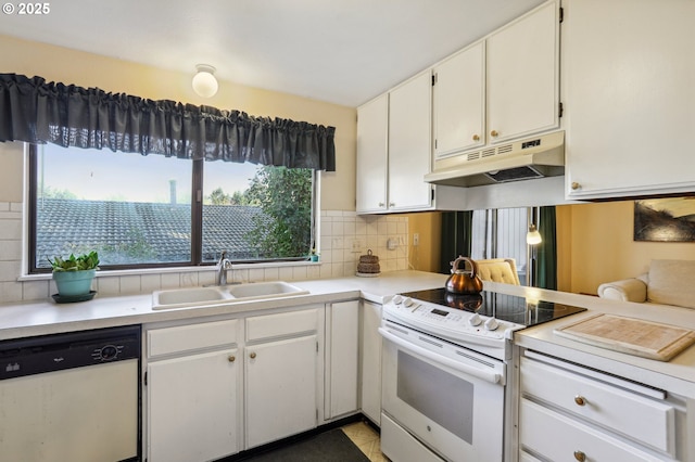 kitchen with white cabinetry, sink, backsplash, light tile patterned floors, and white appliances