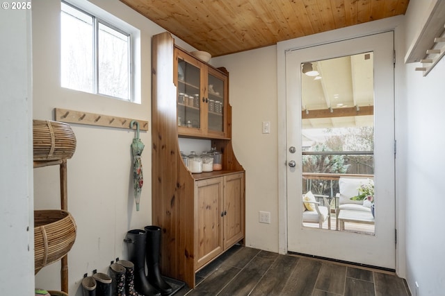 entryway with wooden ceiling and dark wood-style floors