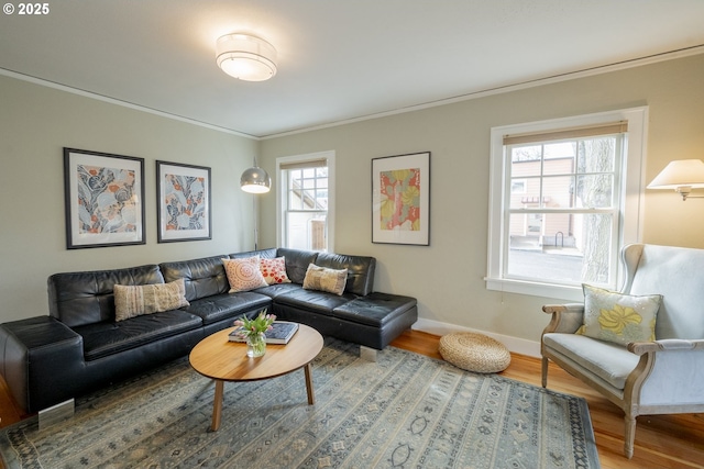 living room with baseboards, wood finished floors, and crown molding