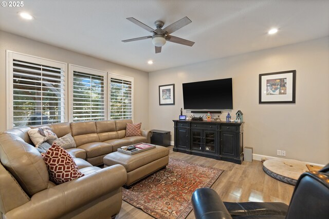24150 NW Green Mountain Rd, Banks, OR 97106 - living room featuring a ceiling fan, light wood-style floors, recessed lighting, and baseboards