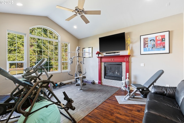 24150 NW Green Mountain Rd, Banks, OR 97106 - workout room with a glass covered fireplace, a ceiling fan, healthy amount of natural light, wood finished floors, and vaulted ceiling